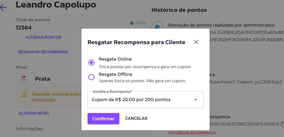 Resgatar Recompensa em nome do cliente