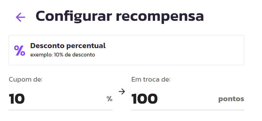 Recompensas de Cupom (R$ e percentual)