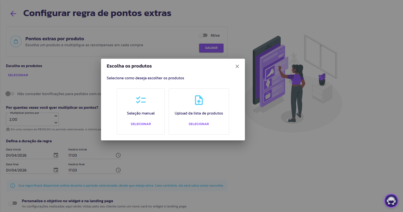 Não conceder saldo para os produtos selecionados, com as Regras de Pontos Extras