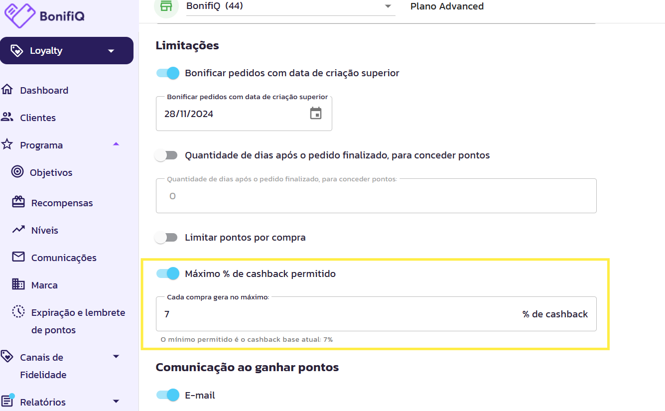 Limitador de Máximo Percentual de Cashback Permitido no Objetivo de Compra