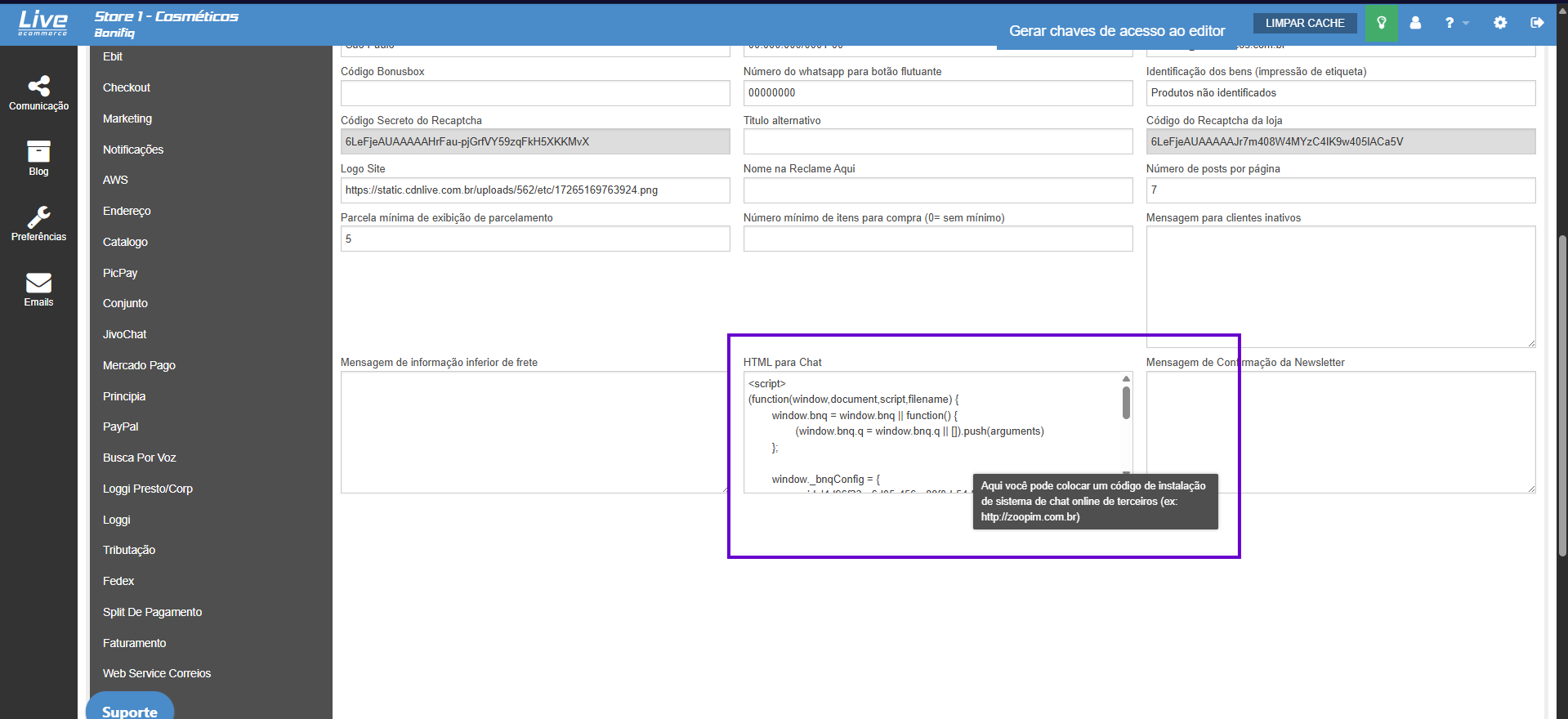 Como instalar widget na Live eCommerce
