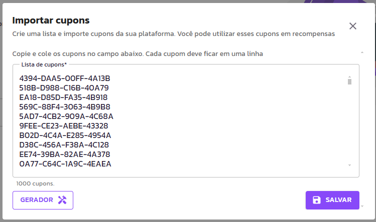 Gerar cupons em lote