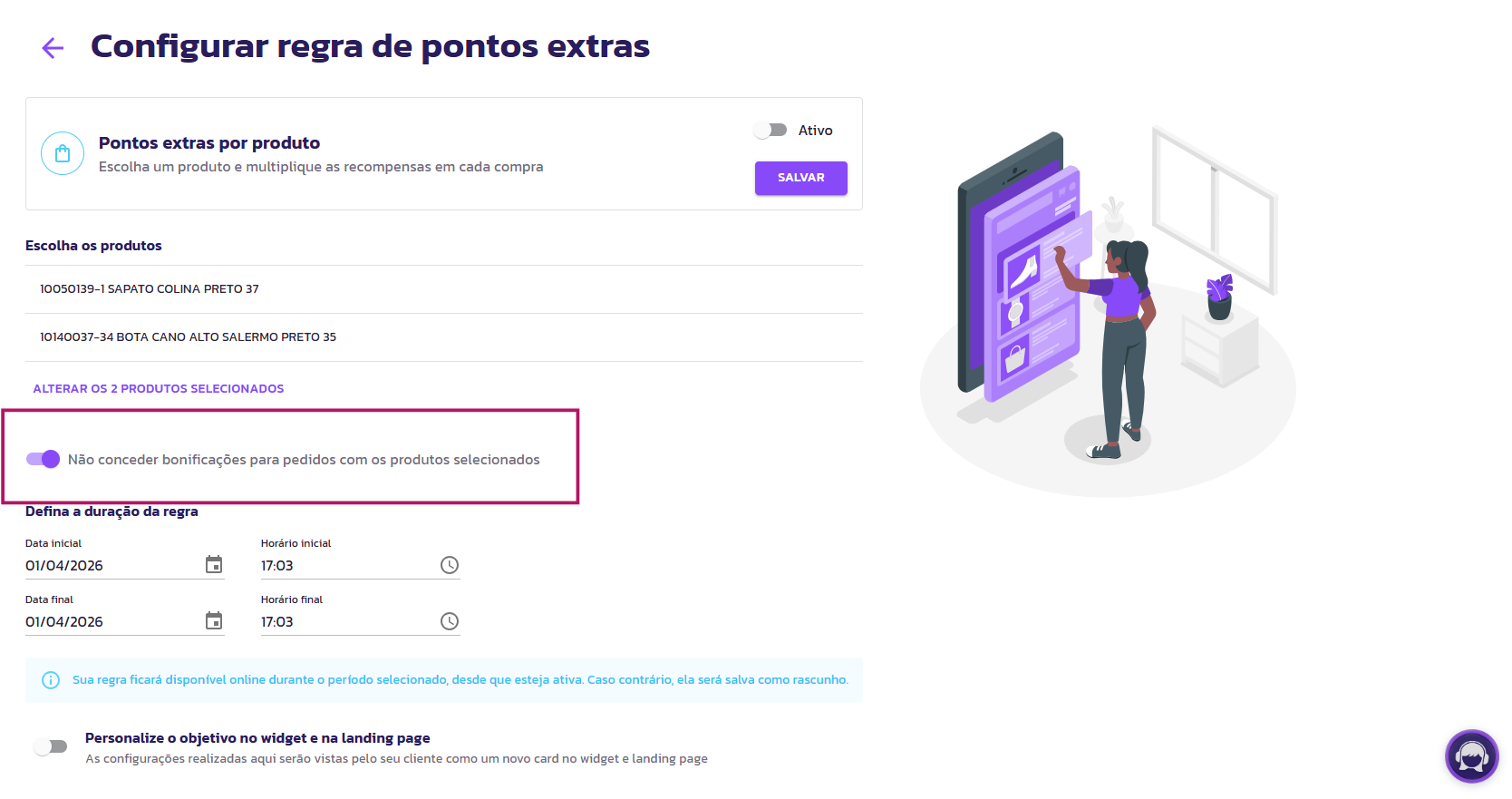 Não conceder saldo para os produtos selecionados, com as Regras de Pontos Extras