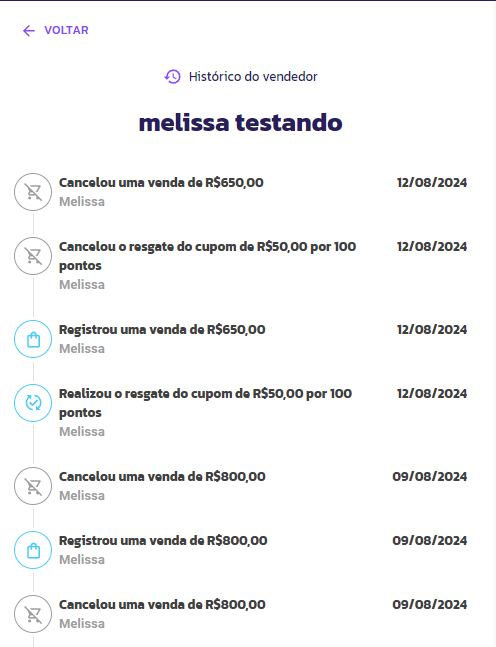 Histórico do cliente / Histórico do vendedor