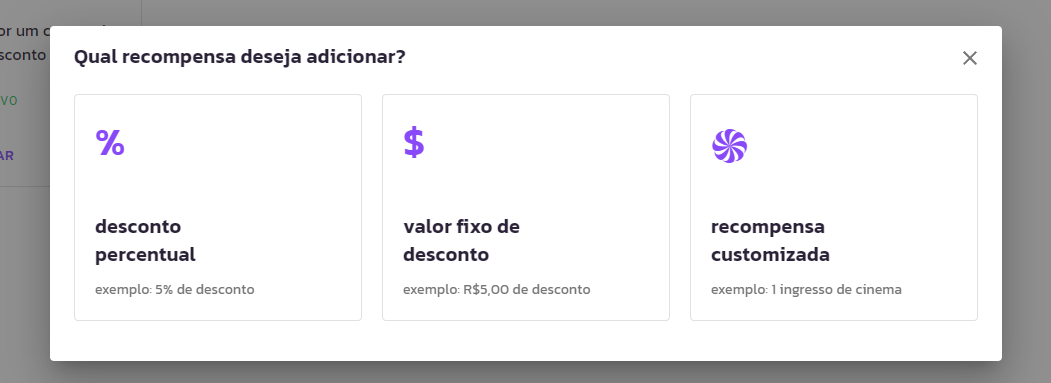 Recompensas de Cupom (R$ e percentual)