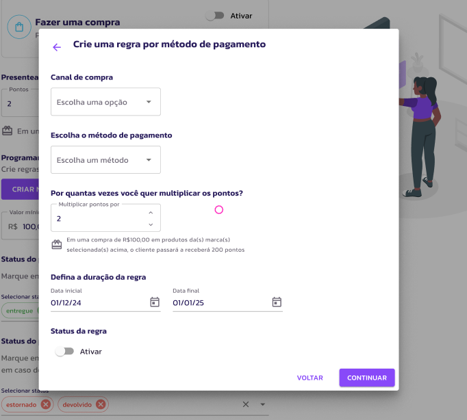 Pontos extras por método de pagamento