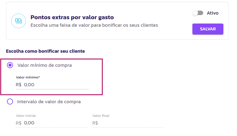 Pontos extras por Valor Gasto