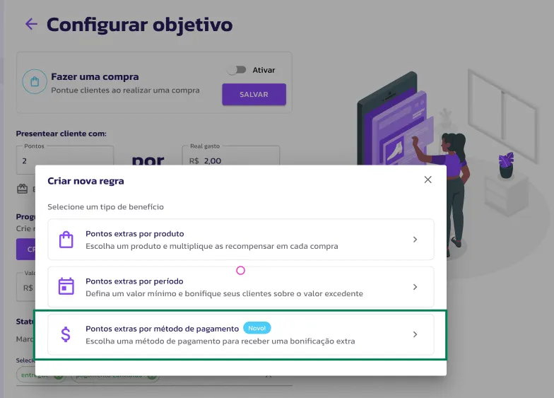 Pontos extras por método de pagamento