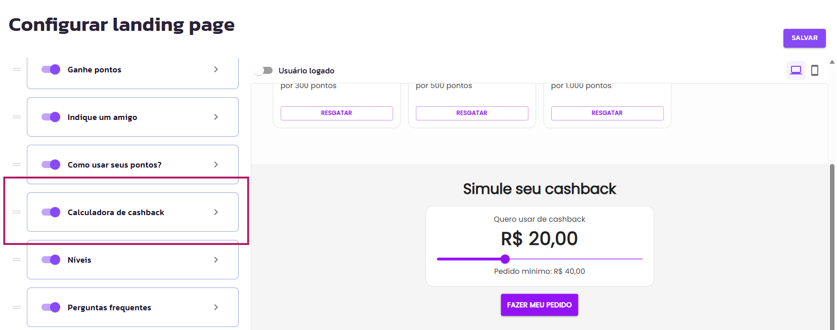 Calculadora de Cashback & Personalizações na Landing Page