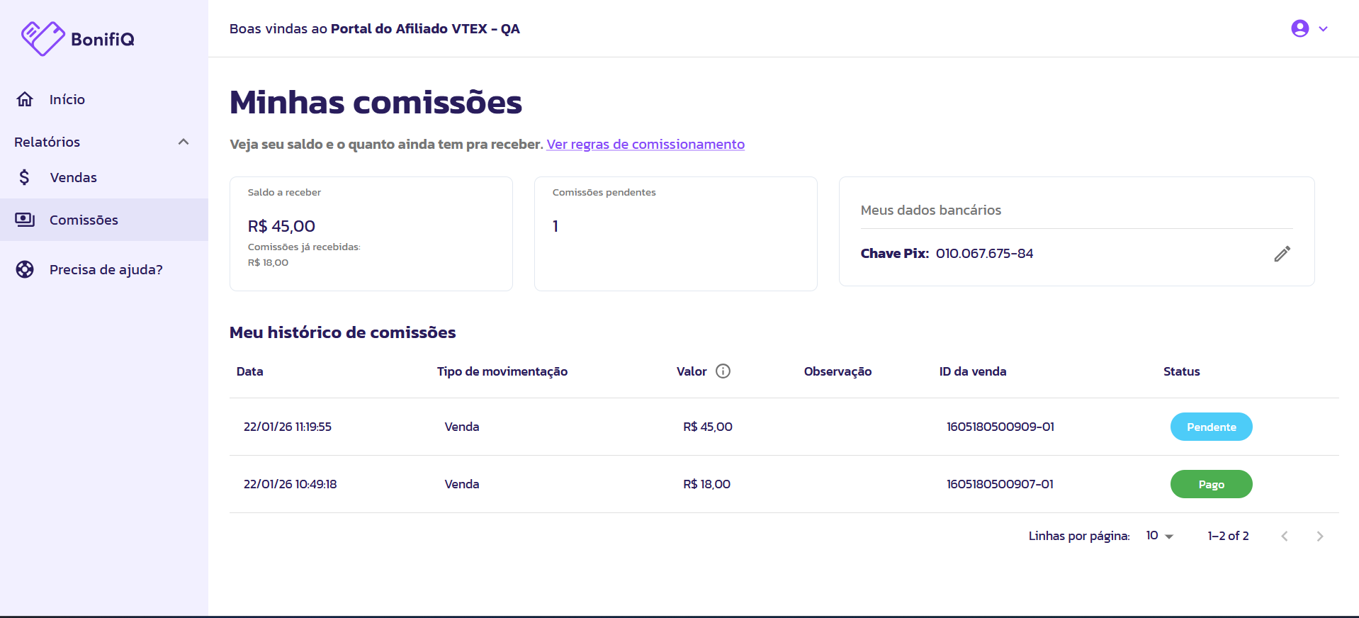 Relatório de Comissões