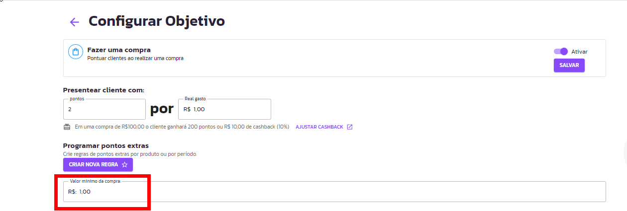 Pontuação não creditada objetivo compra