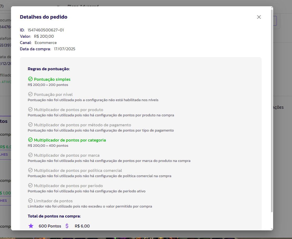Pontos extra por Categoria