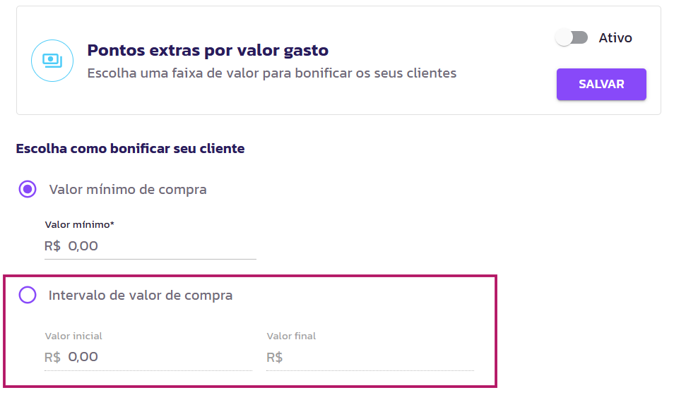 Pontos extras por Valor Gasto