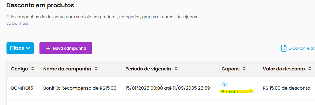 Gerar cupons em lote